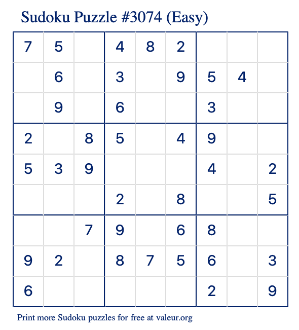 Free Printable Easy Sudoku Puzzle number 3074