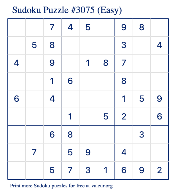 Free Printable Easy Sudoku Puzzle number 3075