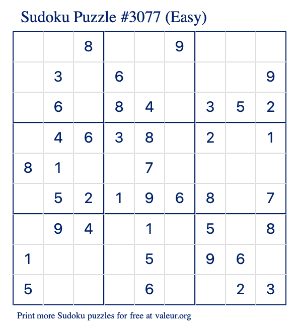 Free Printable Easy Sudoku Puzzle number 3077