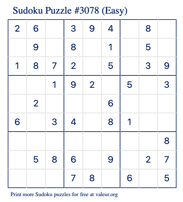 free printable easy sudoku with the answer 3078