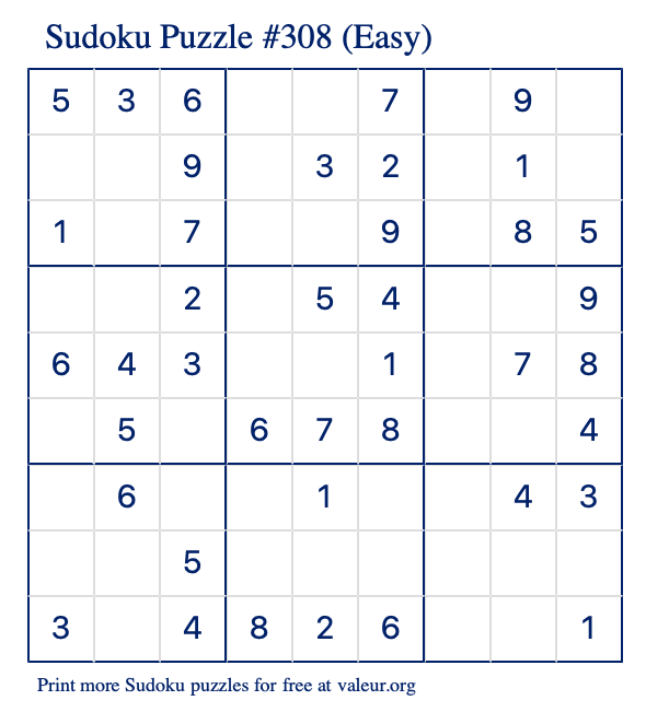 Free Printable Easy Sudoku Puzzle number 308