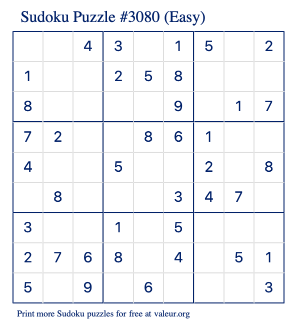 Free Printable Easy Sudoku Puzzle number 3080