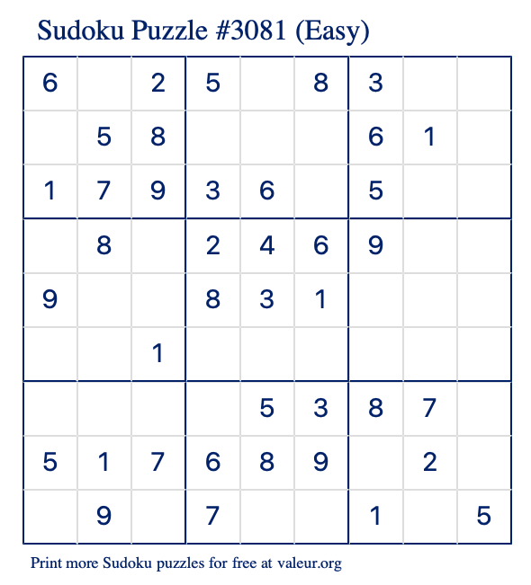 Free Printable Easy Sudoku Puzzle number 3081