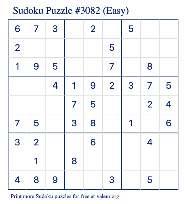 Free Printable Easy Sudoku Puzzle number 3082