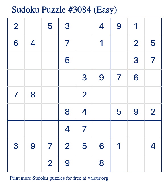 Free Printable Easy Sudoku Puzzle number 3084