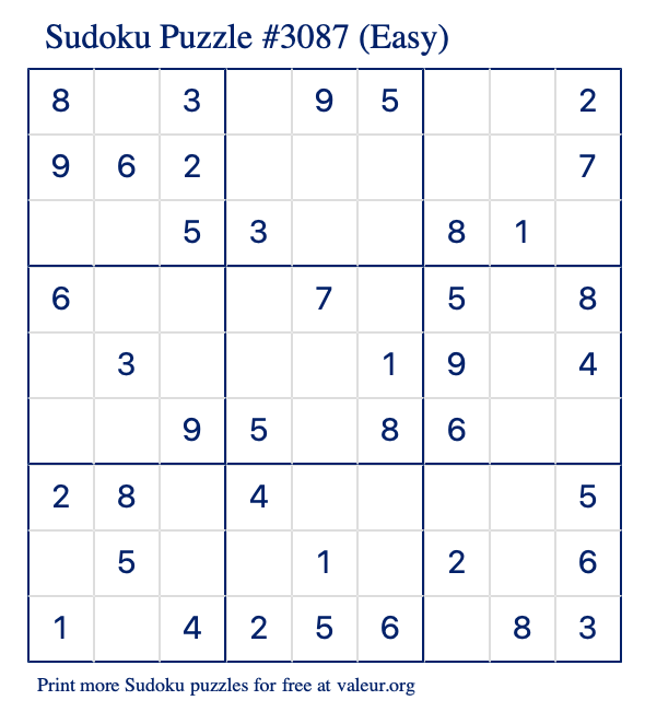 Free Printable Easy Sudoku Puzzle number 3087