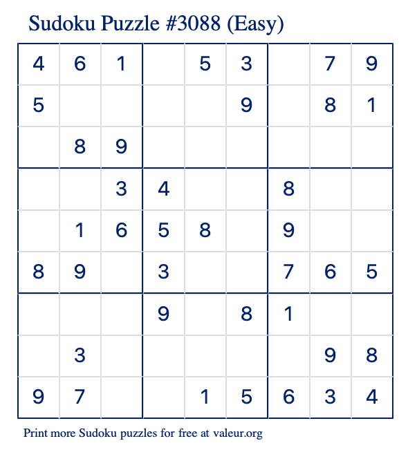 Free Printable Easy Sudoku Puzzle number 3088