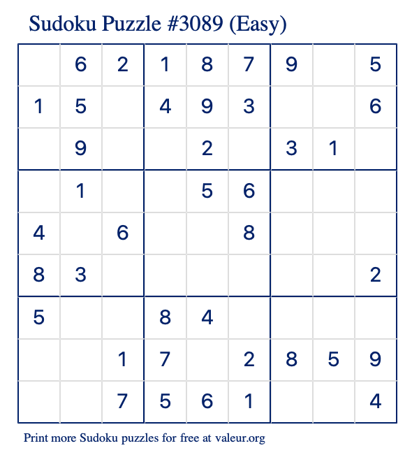 Free Printable Easy Sudoku Puzzle number 3089