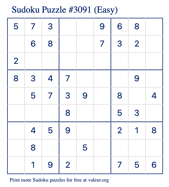 Free Printable Easy Sudoku Puzzle number 3091