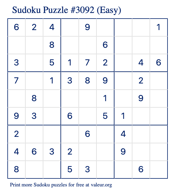 Free Printable Easy Sudoku Puzzle number 3092