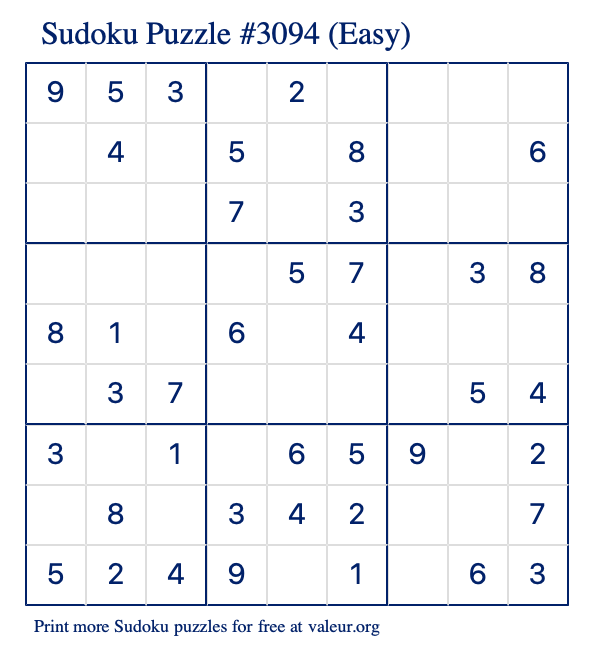 Free Printable Easy Sudoku Puzzle number 3094
