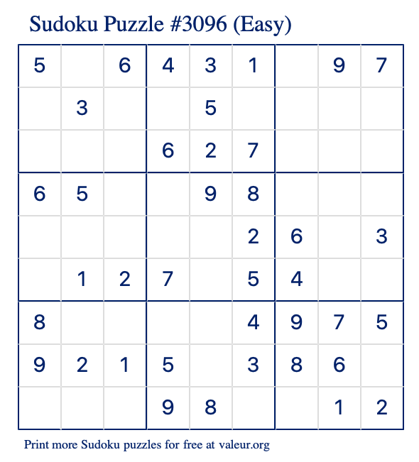 Free Printable Easy Sudoku Puzzle number 3096