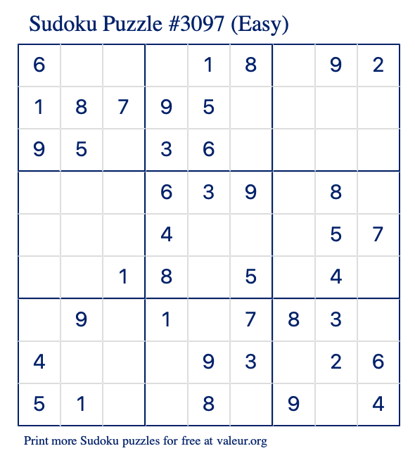 Free Printable Easy Sudoku Puzzle number 3097