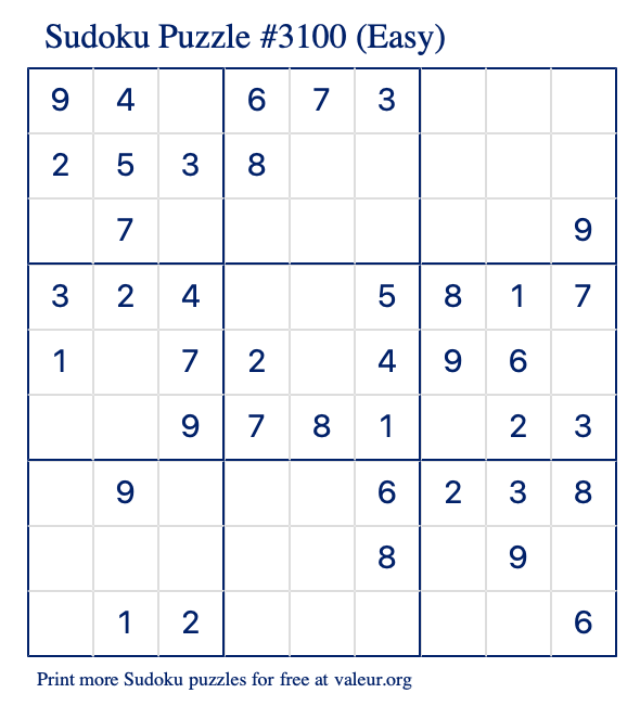Free Printable Easy Sudoku Puzzle number 3100