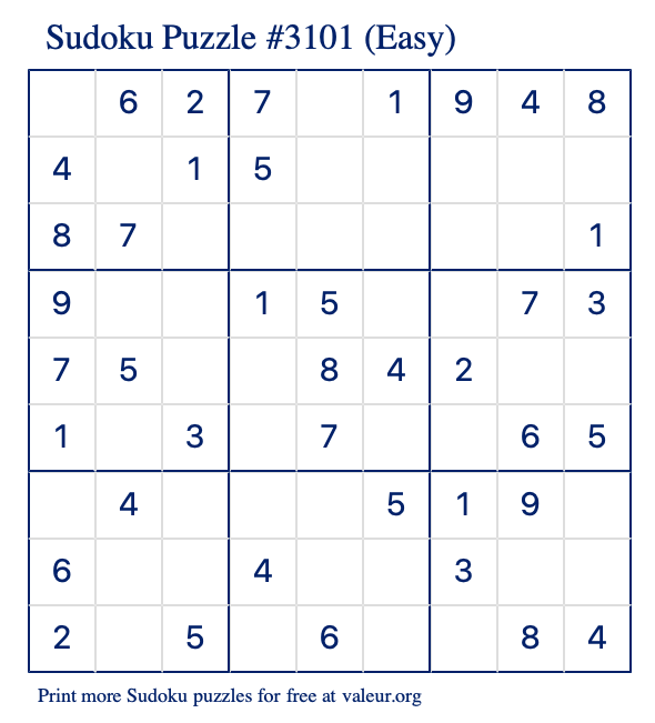 Free Printable Easy Sudoku Puzzle number 3101