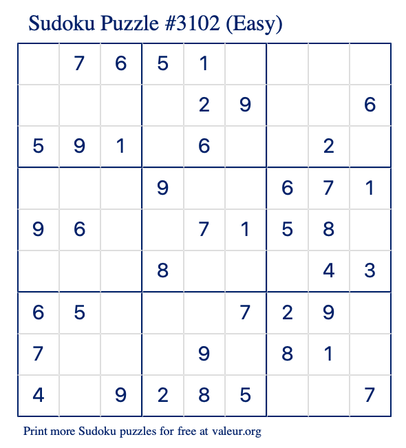 Free Printable Easy Sudoku Puzzle number 3102