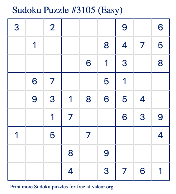 Free Printable Easy Sudoku Puzzle number 3105