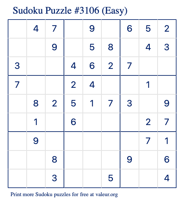 Free Printable Easy Sudoku Puzzle number 3106