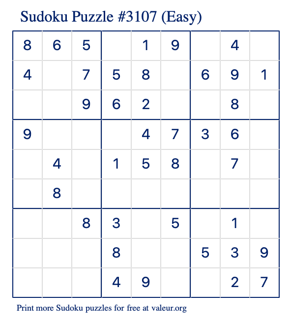 Free Printable Easy Sudoku Puzzle number 3107