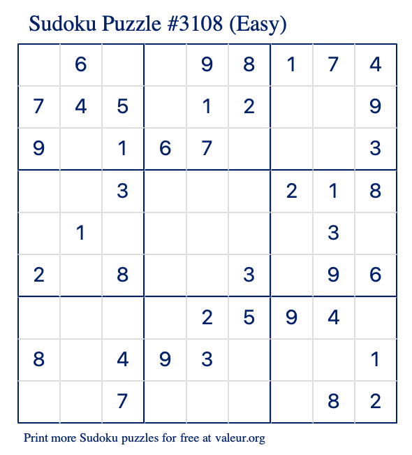Free Printable Easy Sudoku Puzzle number 3108