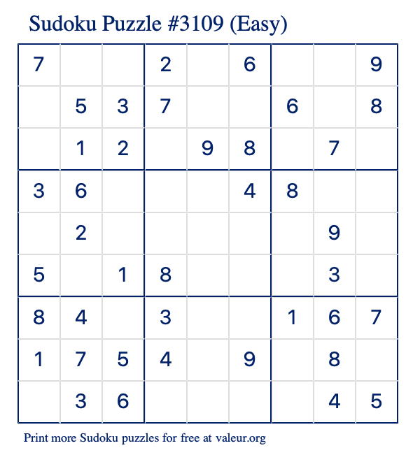 Free Printable Easy Sudoku Puzzle number 3109
