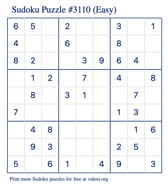 Free Printable Easy Sudoku Puzzle number 3110