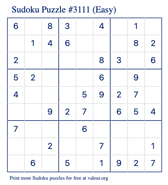 Free Printable Easy Sudoku Puzzle number 3111