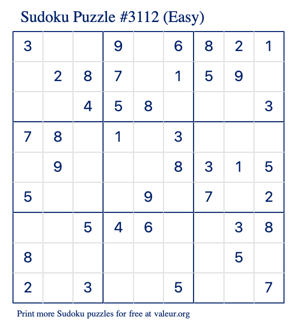 Free Printable Easy Sudoku Puzzle number 3112