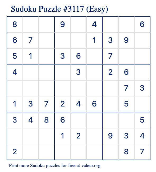 Free Printable Easy Sudoku Puzzle number 3117