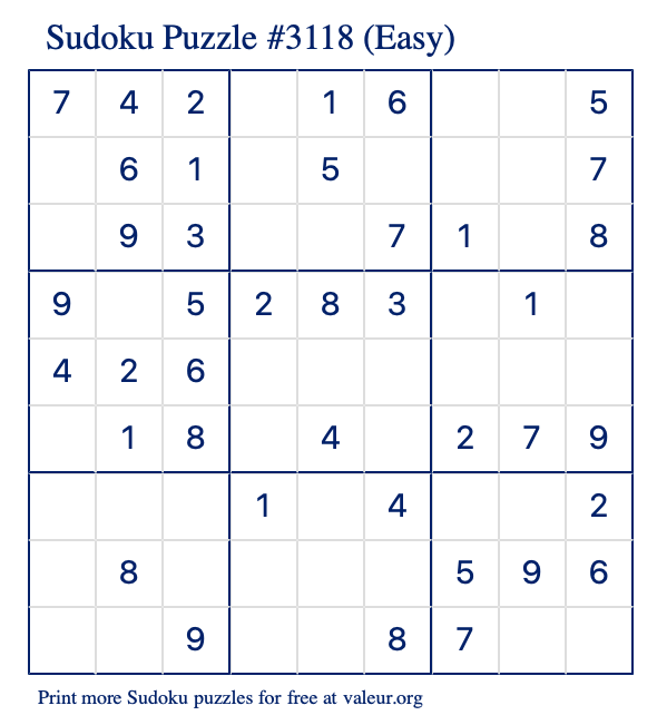 Free Printable Easy Sudoku Puzzle number 3118
