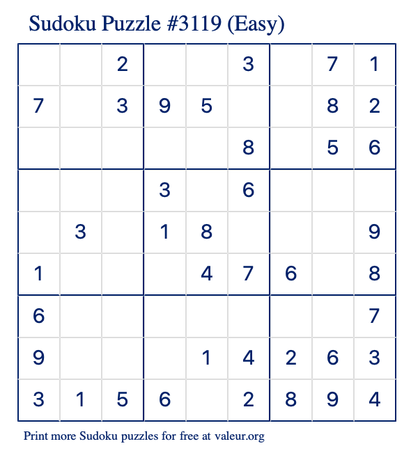 Free Printable Easy Sudoku Puzzle number 3119