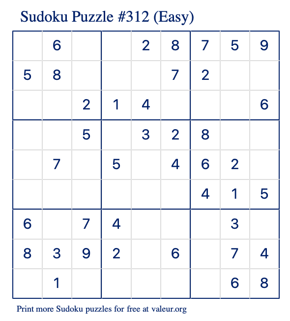 Free Printable Easy Sudoku Puzzle number 312