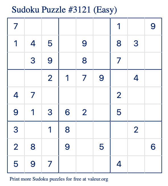 Free Printable Easy Sudoku Puzzle number 3121