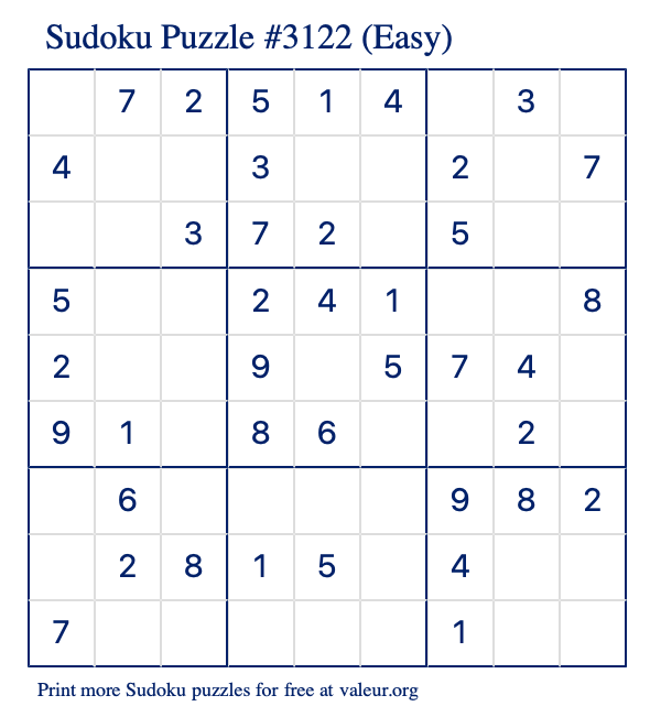 Free Printable Easy Sudoku Puzzle number 3122