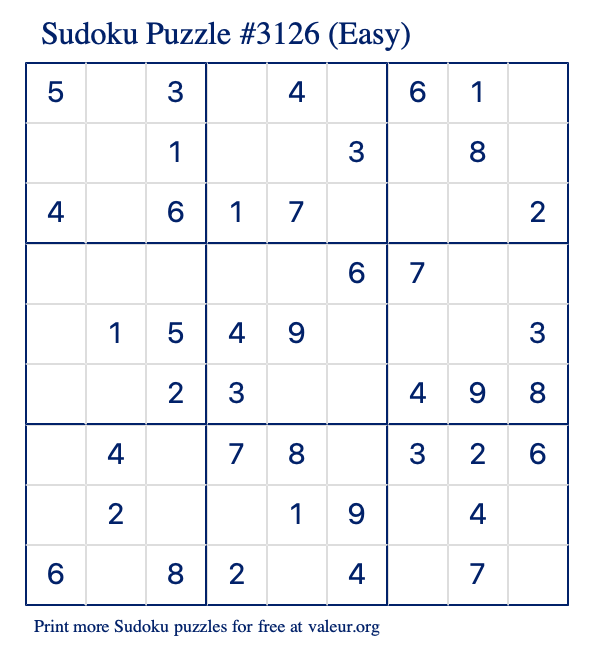 Free Printable Easy Sudoku Puzzle number 3126