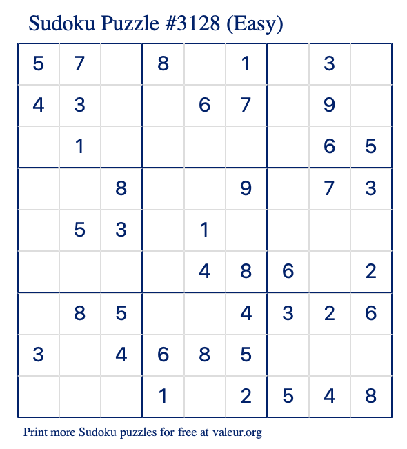 Free Printable Easy Sudoku Puzzle number 3128