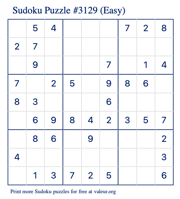 Free Printable Easy Sudoku Puzzle number 3129