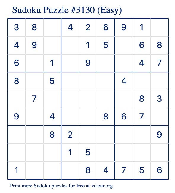 Free Printable Easy Sudoku Puzzle number 3130