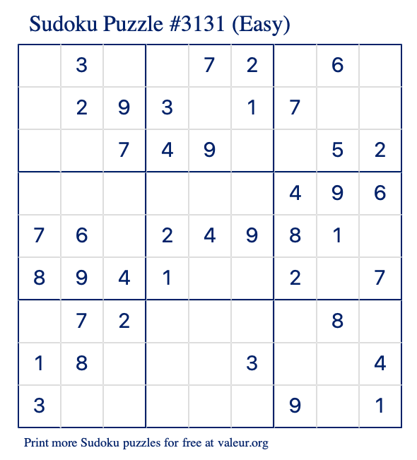Free Printable Easy Sudoku Puzzle number 3131