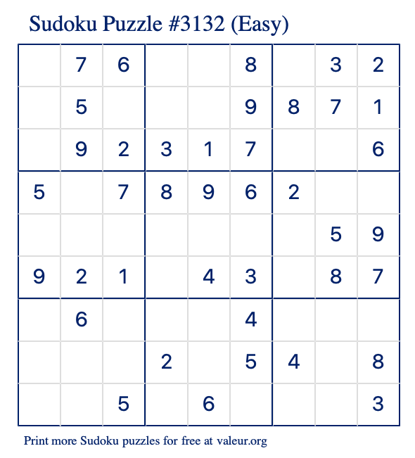 Free Printable Easy Sudoku Puzzle number 3132