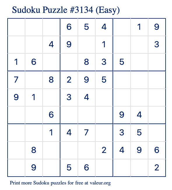 Free Printable Easy Sudoku Puzzle number 3134