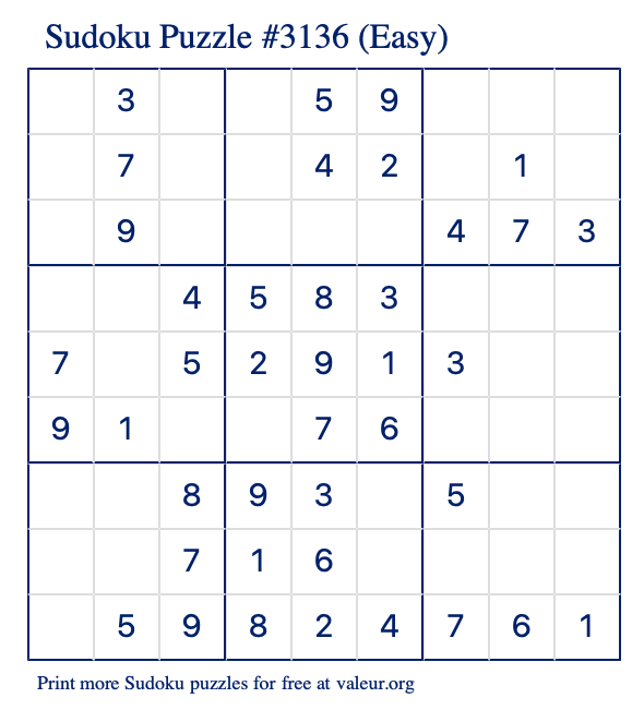 Free Printable Easy Sudoku Puzzle number 3136