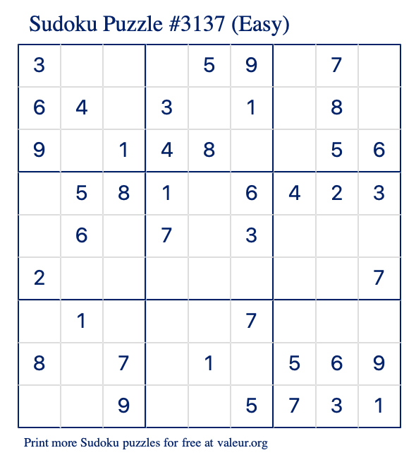 Free Printable Easy Sudoku Puzzle number 3137