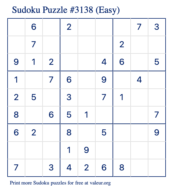 Free Printable Easy Sudoku Puzzle number 3138