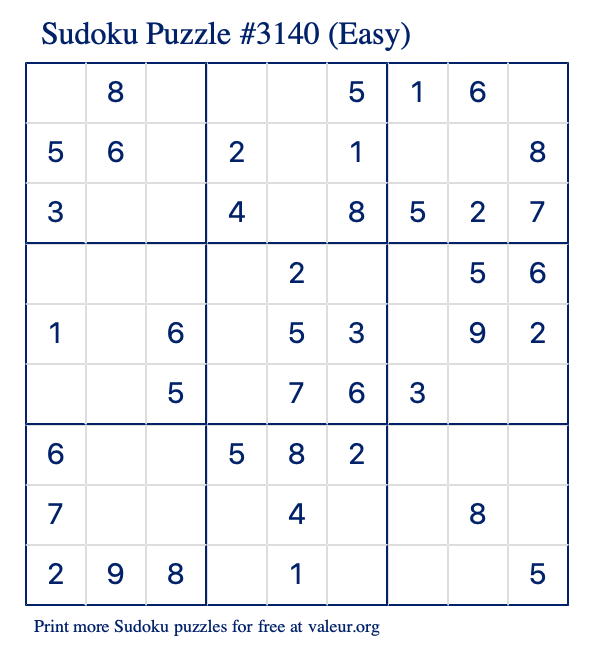 Free Printable Easy Sudoku Puzzle number 3140