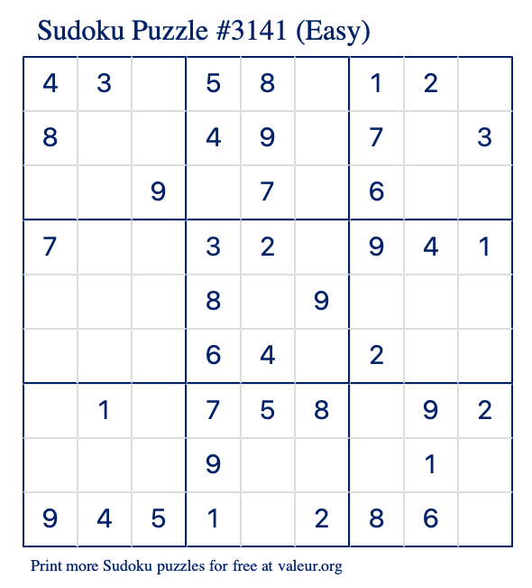 Free Printable Easy Sudoku Puzzle number 3141