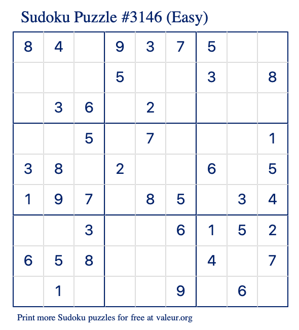Free Printable Easy Sudoku Puzzle number 3146