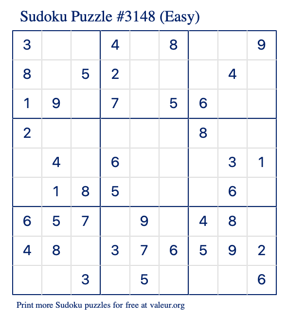 Free Printable Easy Sudoku Puzzle number 3148