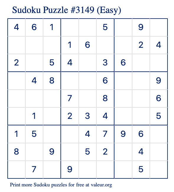 Free Printable Easy Sudoku Puzzle number 3149