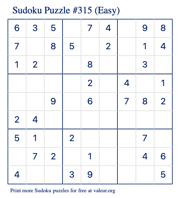 Free Printable Easy Sudoku Puzzle number 315